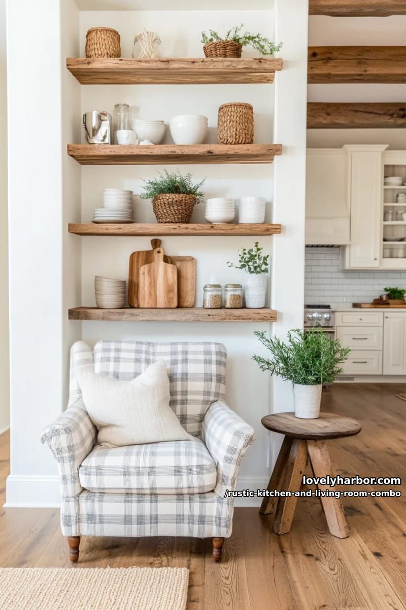 15 Rustic Kitchen and Living Room Combos for Modern Homes 30 Cozy reading corner with checkered armchair next to open kitchen shelf 1