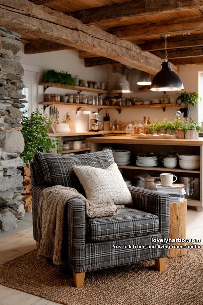 15 Rustic Kitchen and Living Room Combos for Modern Homes 31 Cozy reading corner with checkered armchair next to open kitchen shelf 1