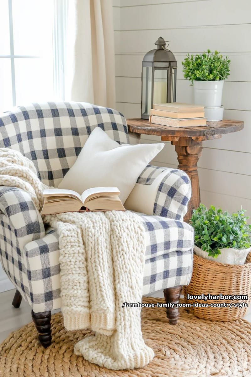 Cozy reading corner with buffalo check armchair and a stack of classic books 1