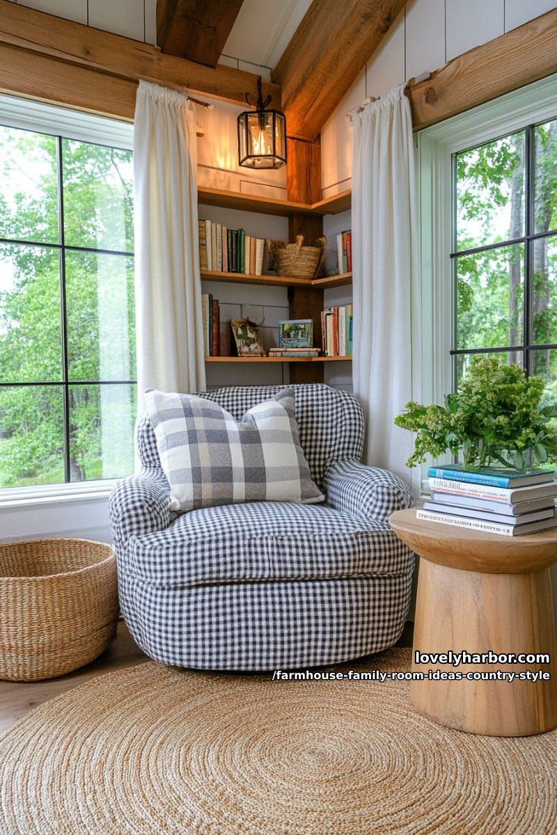 Cozy reading corner with buffalo check armchair and a stack of classic books 1