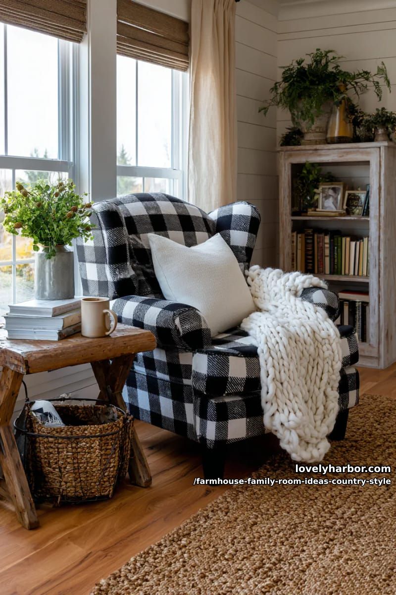 Cozy reading corner with buffalo check armchair and a stack of classic books 1