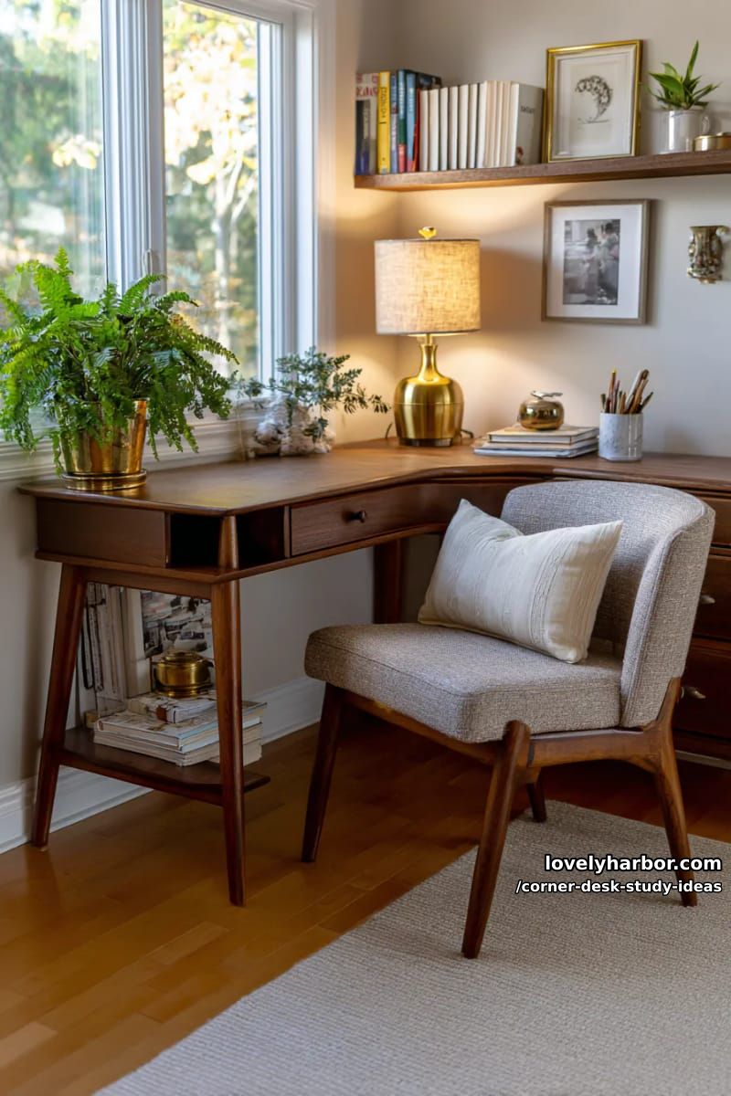 23 innovative Eckschreibtisch-Studienideen für moderne Räume 10 Gemütliche Leseecke mit L-förmigem Schreibtisch, weichem Teppich und Vintage-Lampe 1