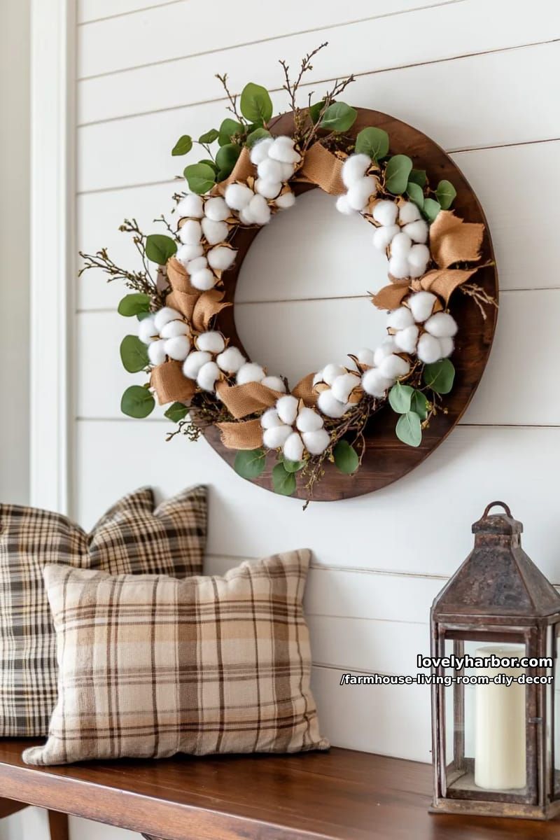 Make a cotton stem wreath on a round wooden base, shiplap style. 1