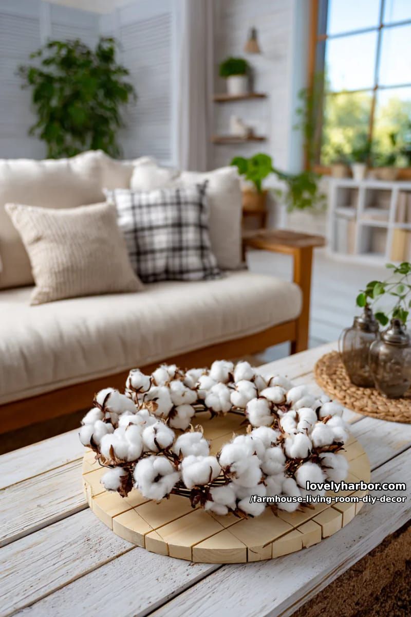 Make a cotton stem wreath on a round wooden base, shiplap style. 1