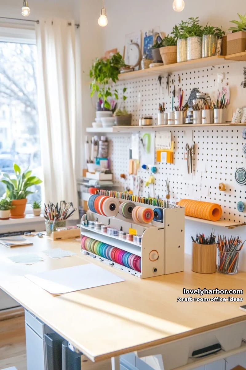 15 Versatile Craft Room Office Ideas for Modern Creatives 31 Desk with integrated ribbon dispenser and vertical file folders 1