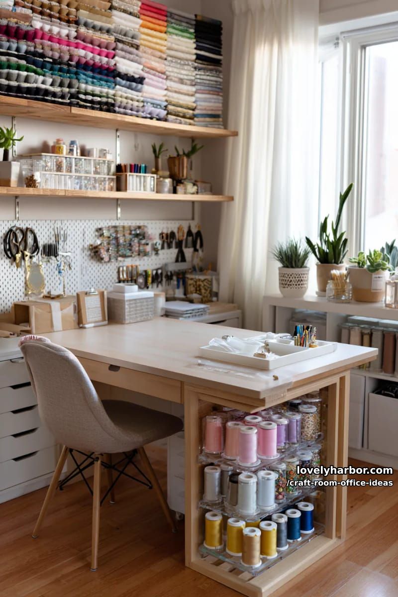 15 Versatile Craft Room Office Ideas for Modern Creatives 32 Desk with integrated ribbon dispenser and vertical file folders 1