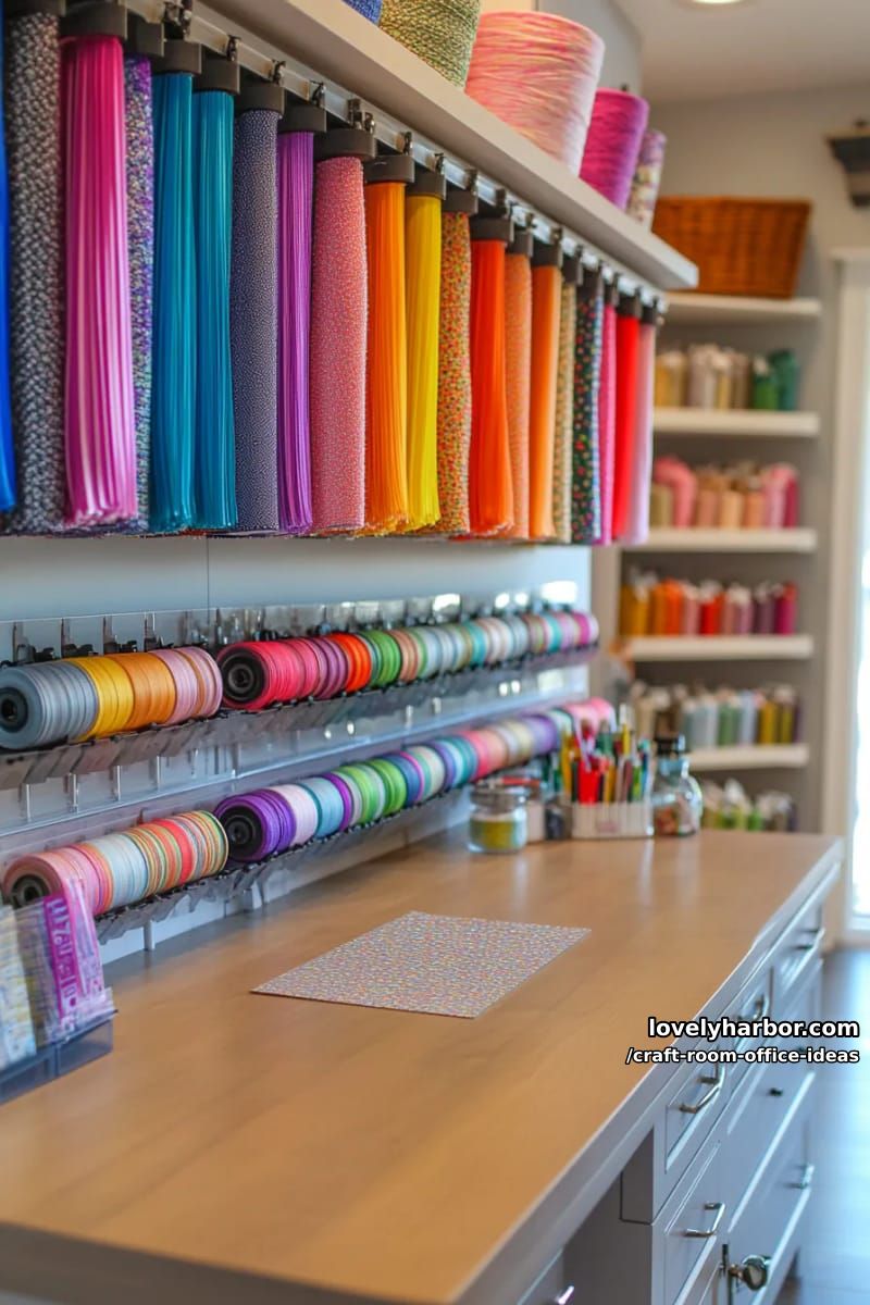 15 Versatile Craft Room Office Ideas for Modern Creatives 33 Desk with integrated ribbon dispenser and vertical file folders 1