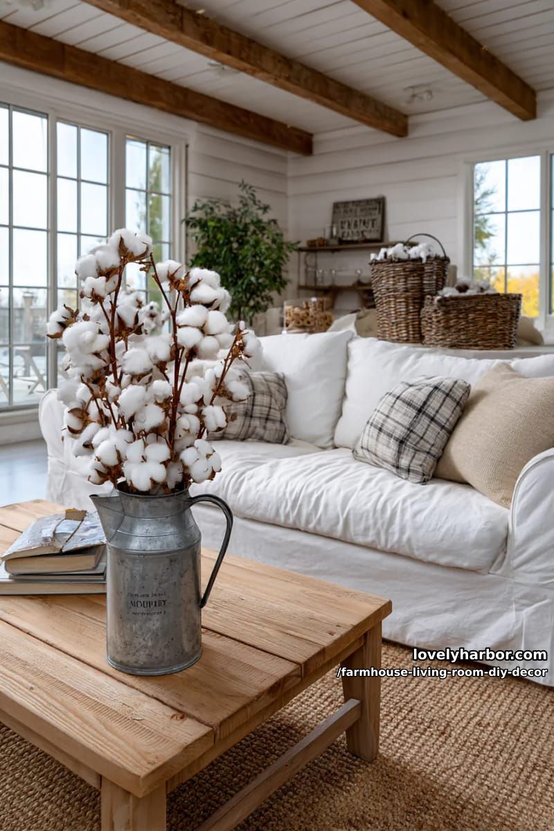 Display a bunch of fresh or artificial cotton stems in a galvanized milk jug. 1