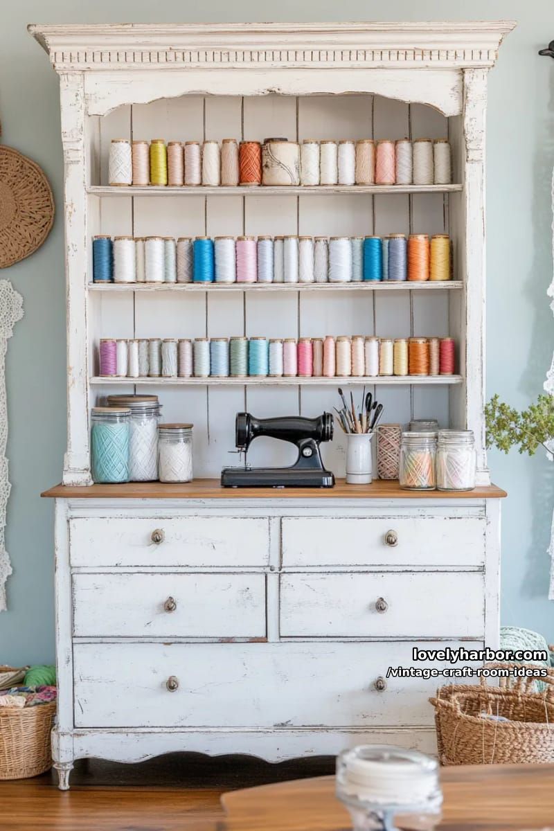 15 vintage craft room ideas for a charming creative space 19 Desperate farmhouse with bobbins, lace braids and preserving jars 1