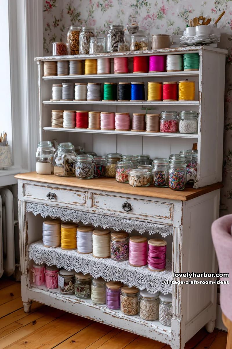 15 vintage craft room ideas for a charming creative space 20 Desperate farmhouse with bobbins, lace braids and preserving jars 1