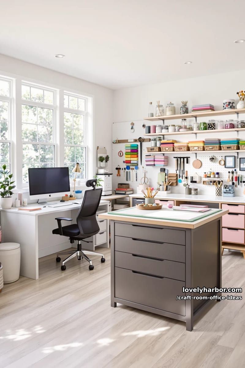 15 Versatile Craft Room Office Ideas for Modern Creatives 19 Dual workspace: one side for the computer, one for crafting, with a central island 1