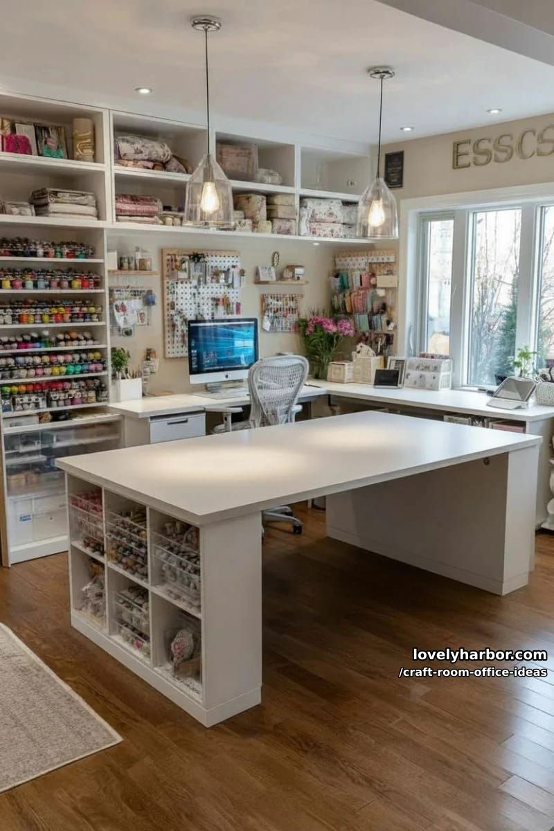 15 Versatile Craft Room Office Ideas for Modern Creatives 20 Dual workspace: one side for the computer, one for crafting, with a central island 1