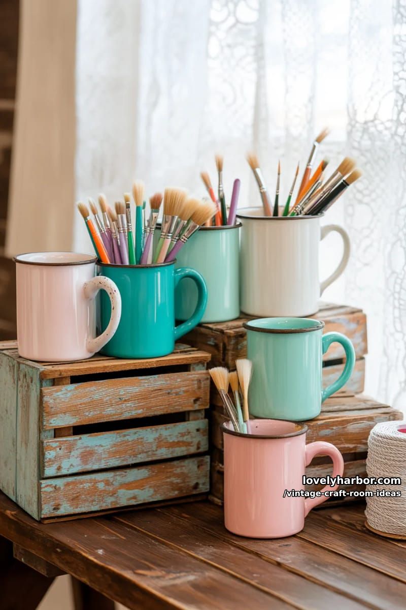 15 Vintage Craft Room Ideas for a Charming Creative Space 36 Enamel cups and wooden boxes used as portable brush and marker holders 1