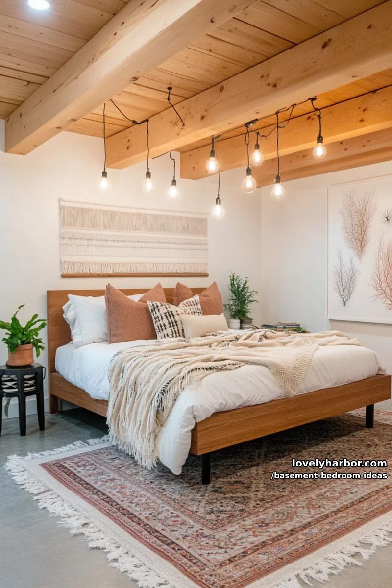 Exposed wood beam ceiling with industrial Edison light bulbs and concrete floors 1