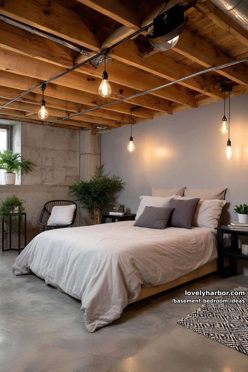 Exposed wood beam ceiling with industrial Edison light bulbs and concrete floors 1