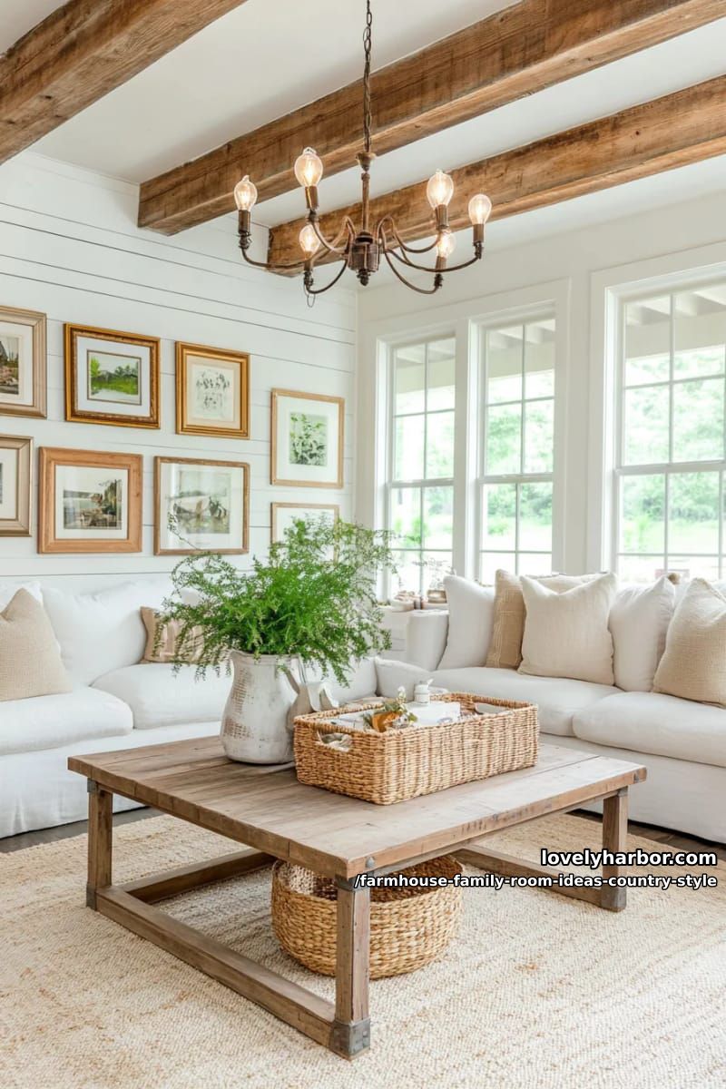 Farmhouse beams with Edison chandeliers above a vintage gallery wall 1