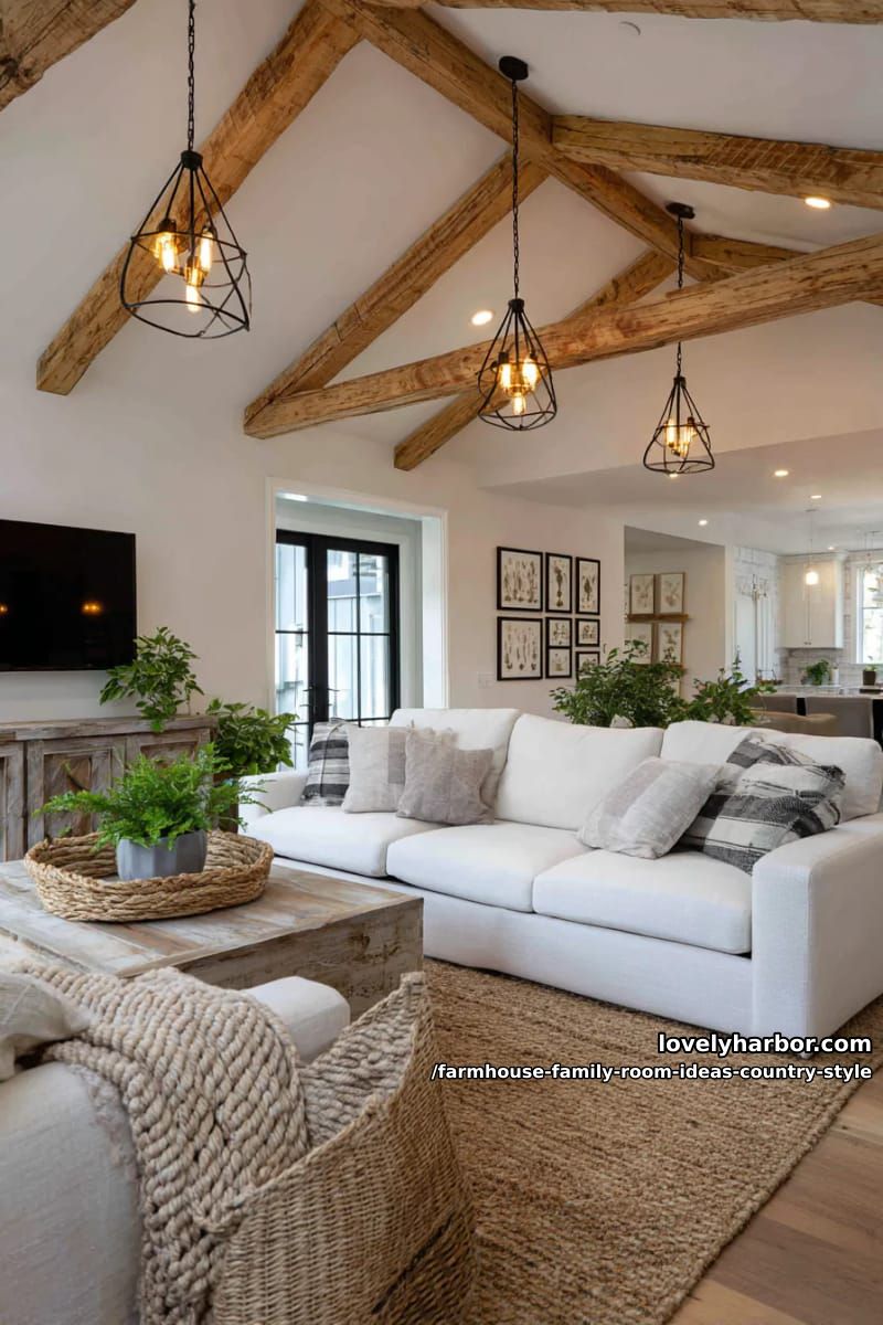 Farmhouse beams with Edison chandeliers above a vintage gallery wall 1