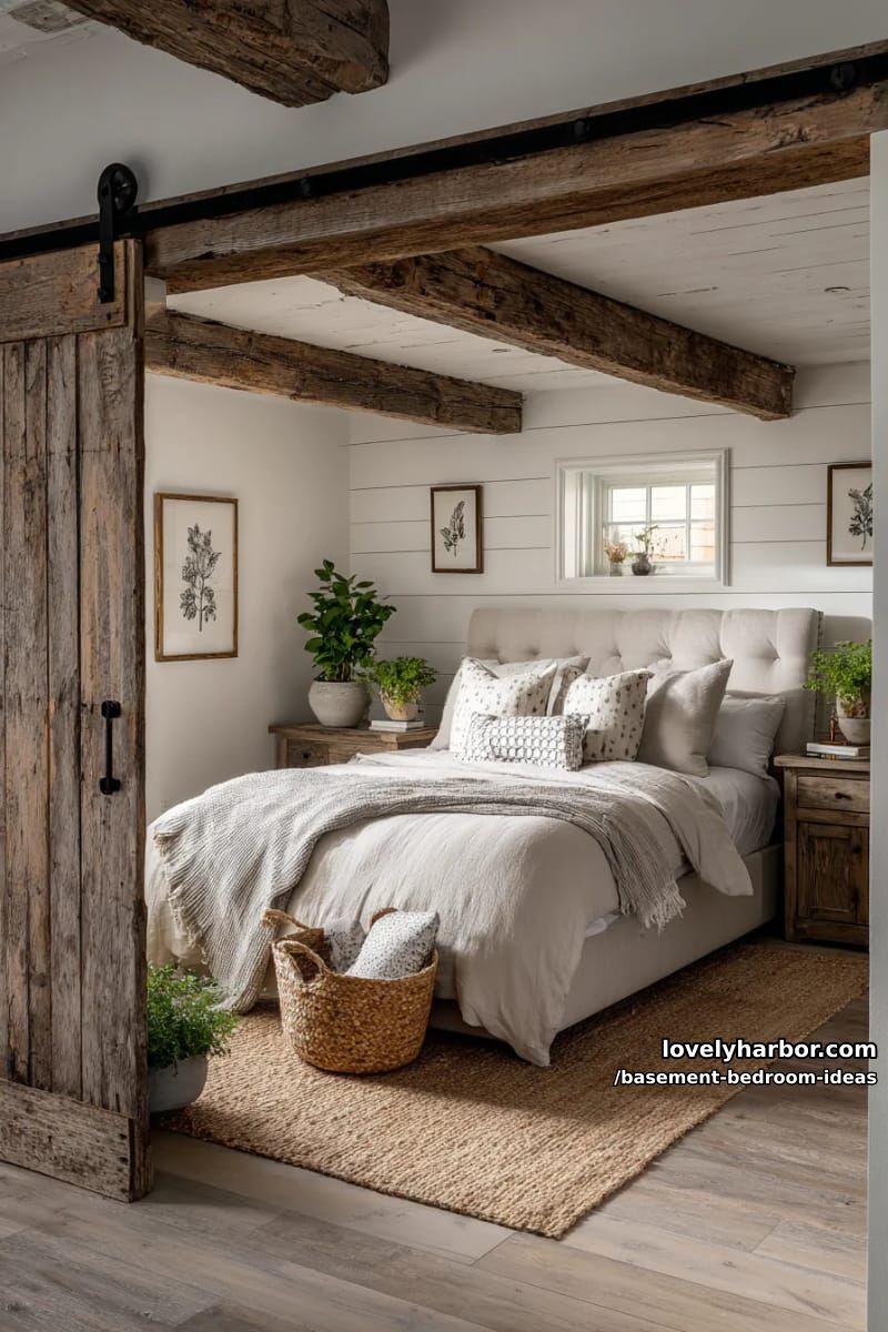 Country house chic with overlapping walls, barn door and bedside tables made from reclaimed wood 1