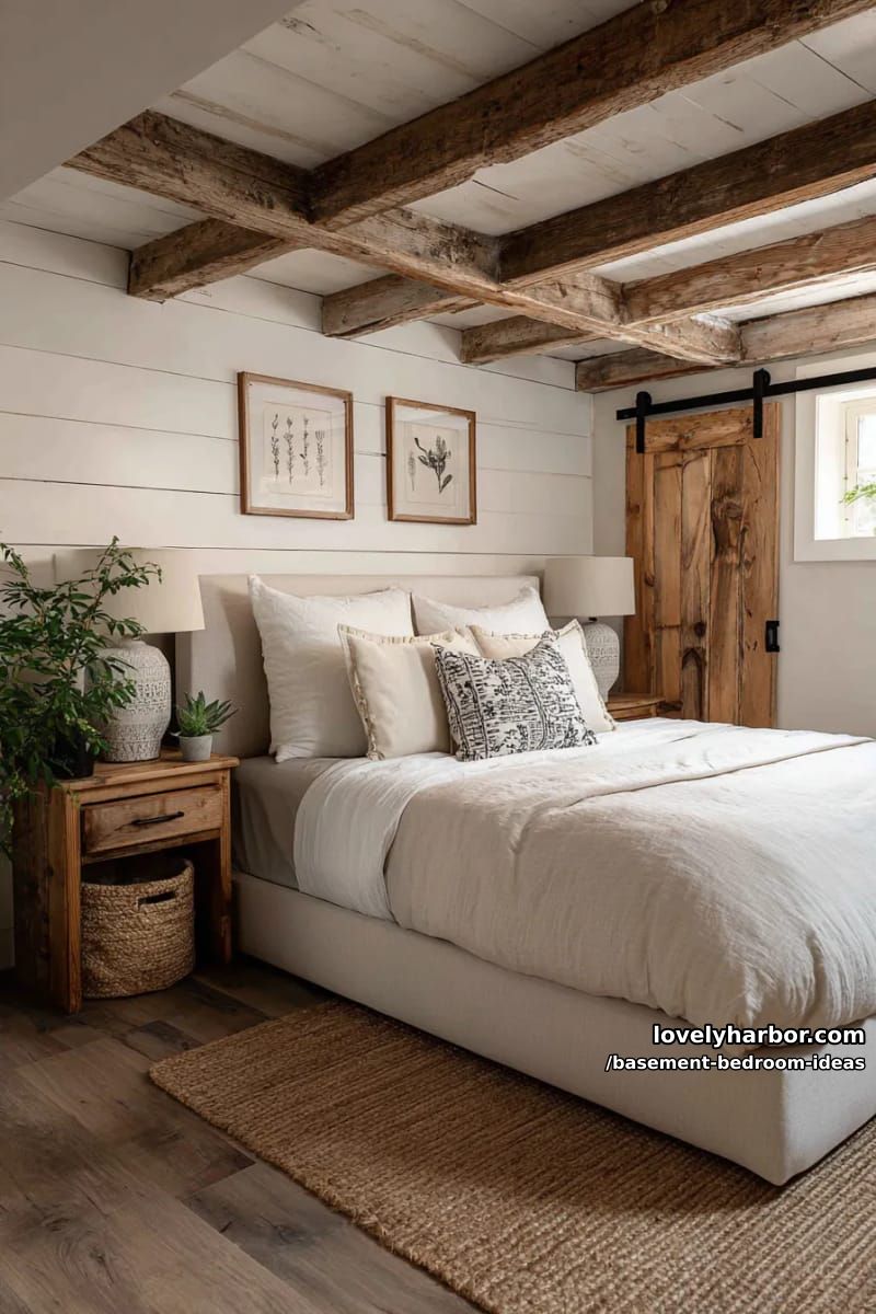 Country house chic with overlapping walls, barn door and bedside tables made from reclaimed wood 1