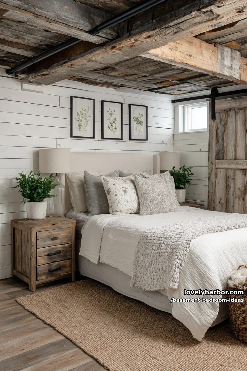 Country house chic with overlapping walls, barn door and bedside tables made from reclaimed wood 1