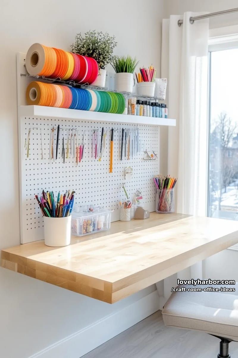 15 Versatile Craft Room Office Ideas for Modern Creatives 6 Floating corner desk with pegboard for storing tools and washi tape 1