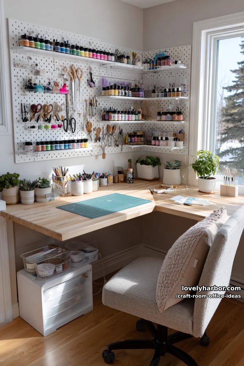 15 Versatile Craft Room Office Ideas for Modern Creatives 7 Floating corner desk with pegboard for storing tools and washi tape 1