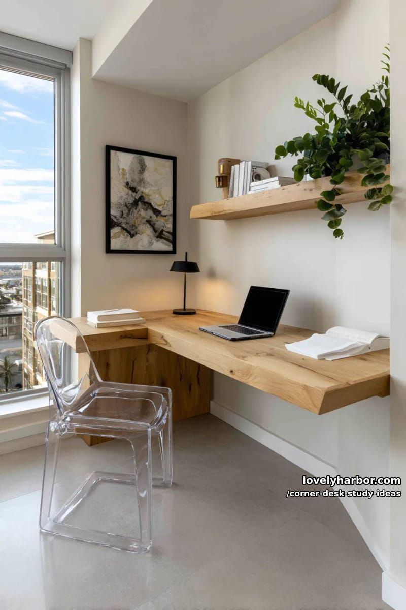 23 innovative Eckschreibtisch-Studienideen für moderne Räume 23 schwebender Eckschreibtisch gepaart mit einem auffälligen Acrylstuhl 1