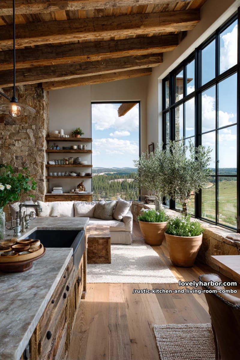15 Rustic Kitchen and Living Room Combos for Modern Homes 23 Floor-to-ceiling windows overlooking rural surroundings with indoor olive trees 1