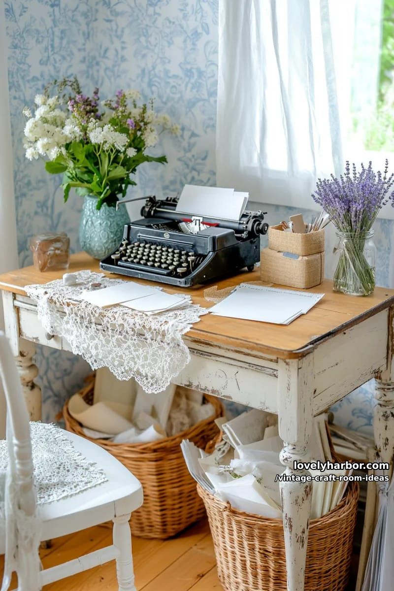 15 Vintage Craft Room Ideas for a Charming Creative Space 37 French cottage corner with toile wallpaper and an old typewriter for creative notes 1