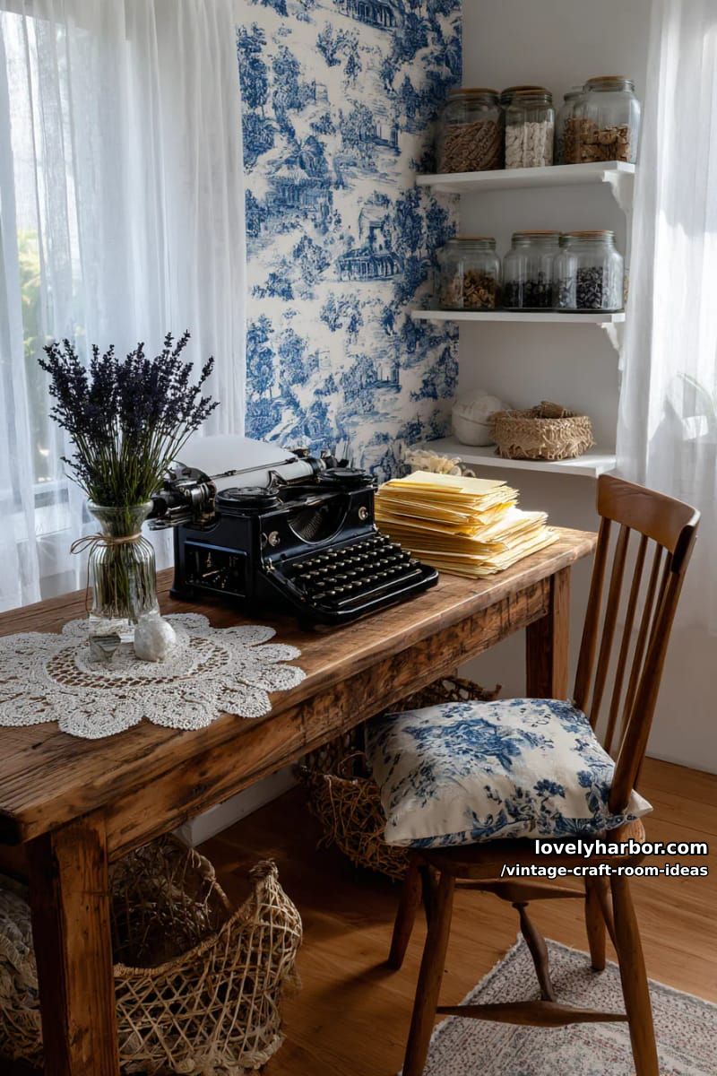 15 Vintage Craft Room Ideas for a Charming Creative Space 38 French cottage corner with toile wallpaper and an old typewriter for creative notes 1