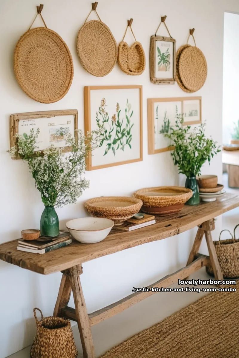 15 Rustic Kitchen and Living Room Combos for Modern Homes 34 Gallery wall with botanical prints and woven baskets above a reclaimed wood sofa table 1