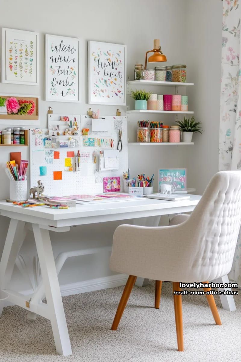 15 Versatile Craft Room Office Ideas for Modern Creatives 21 Gallery wall with framed inspirational quotes and mini mood boards 1