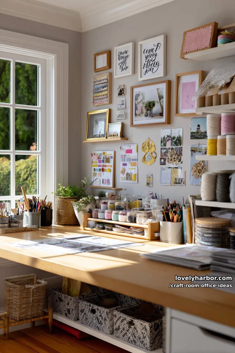 15 Versatile Craft Room Office Ideas for Modern Creatives 23 Gallery wall with framed inspirational quotes and mini mood boards 1