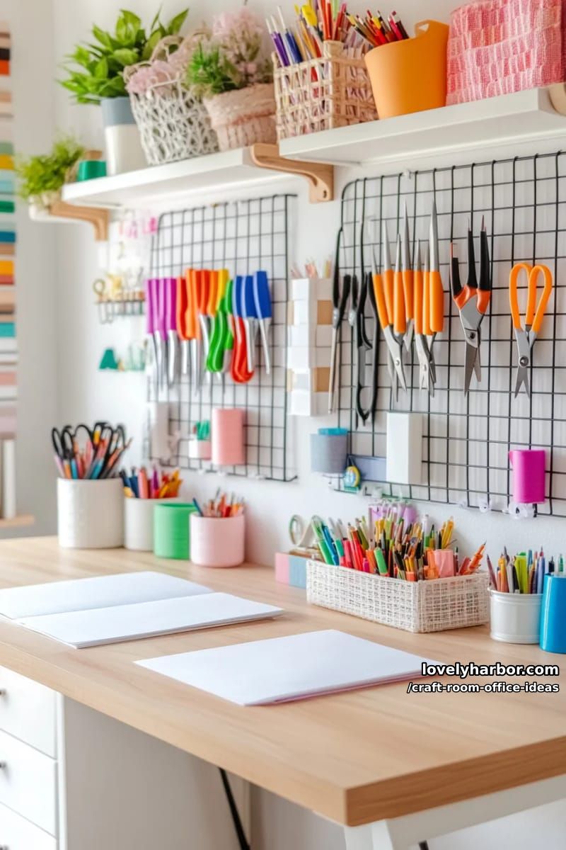 15 Versatile Craft Room Office Ideas for Modern Creatives 34 hanging wire racks for quick access to scissors, markers and notebooks 1