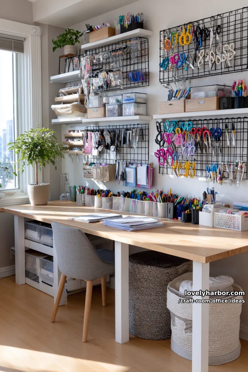 15 Versatile Craft Room Office Ideas for Modern Creatives 35 hanging wire racks for quick access to scissors, markers and notebooks 1