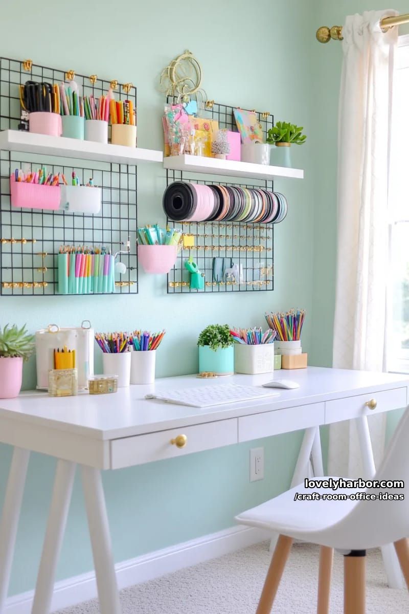 15 Versatile Craft Room Office Ideas for Modern Creatives 36 hanging wire racks for quick access to scissors, markers and notebooks 1
