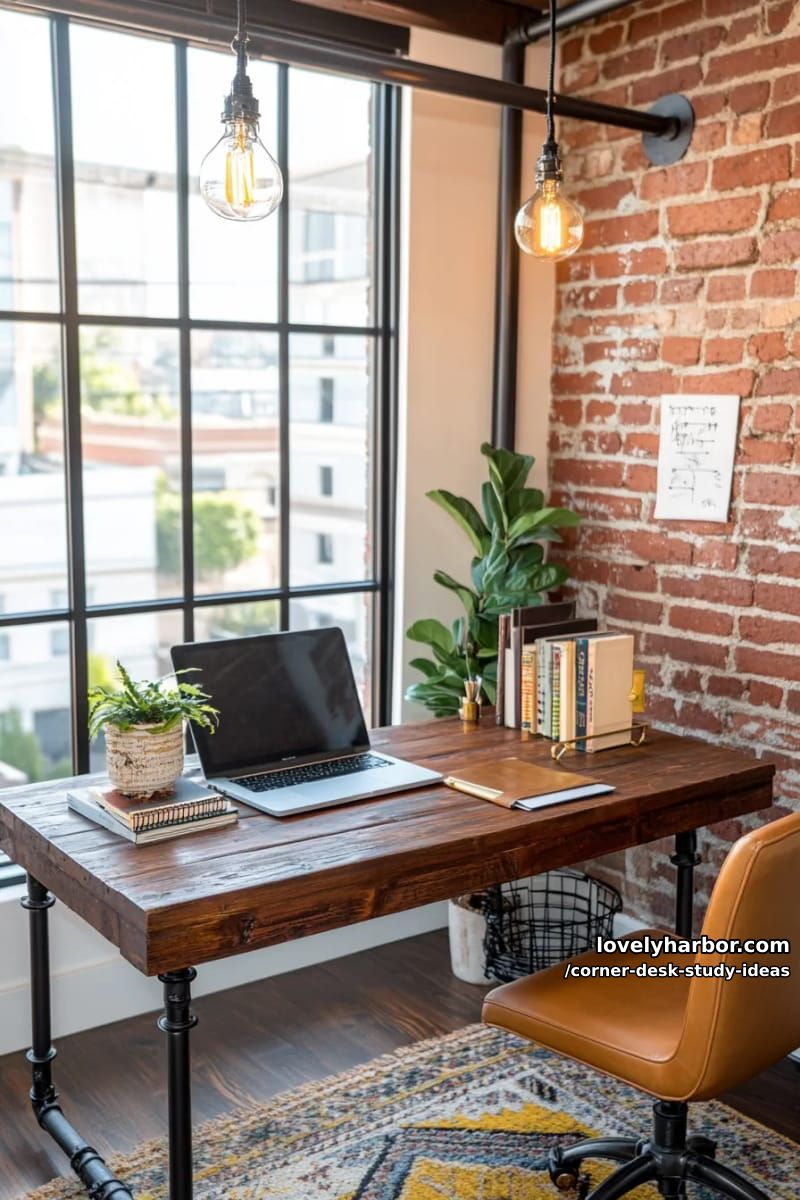 23 innovative Eckschreibtisch-Studienideen für moderne Räume 31 Industrieller Eckschreibtisch mit Metallrohren, Altholz und Edison-Glühbirnen 1