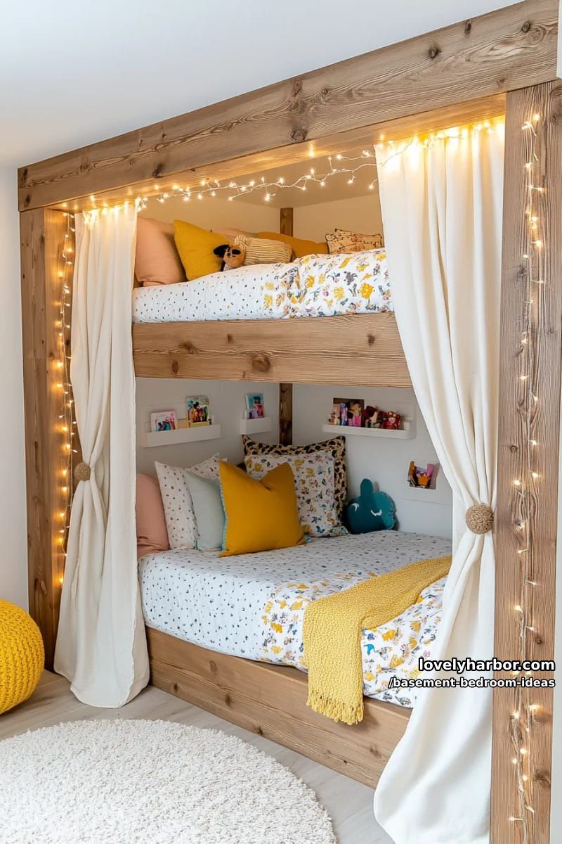 Children's bunk corner with curtain partitions and whimsical fairy lights 1