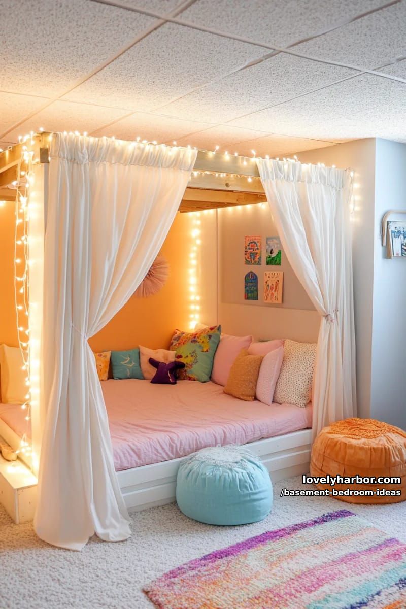 Children's bunk corner with curtain partitions and whimsical fairy lights 1