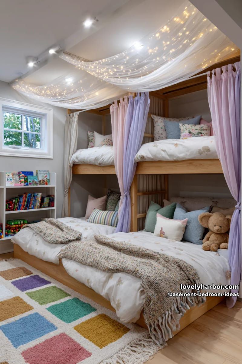 Children's bunk corner with curtain partitions and whimsical fairy lights 1