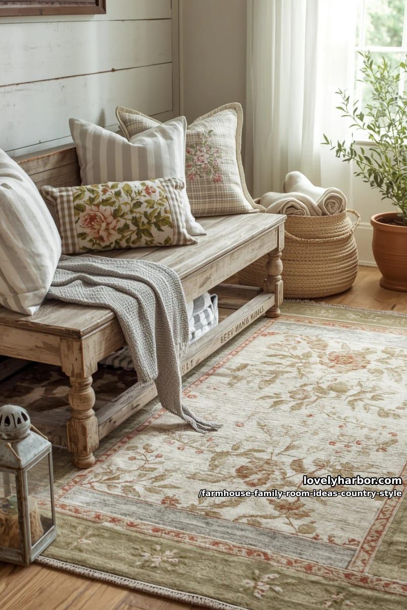 Layered rugs under a weathered farm bench and patchwork pillows 1