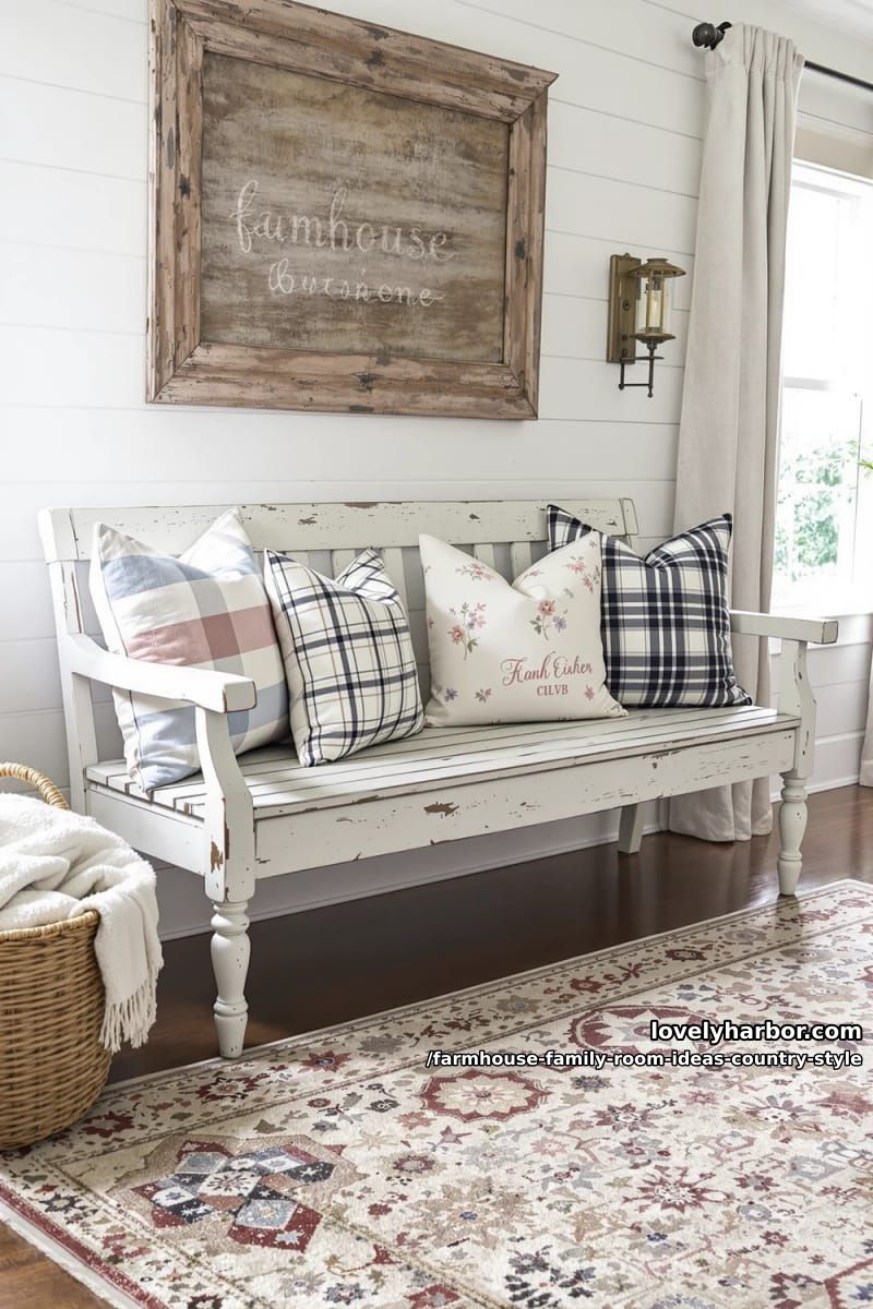 Layered rugs under a weathered farm bench and patchwork pillows 1