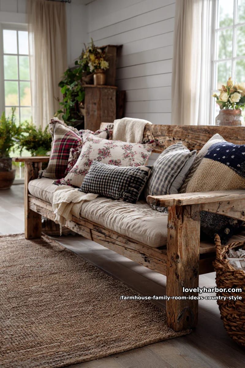 Layered rugs under a weathered farm bench and patchwork pillows 1