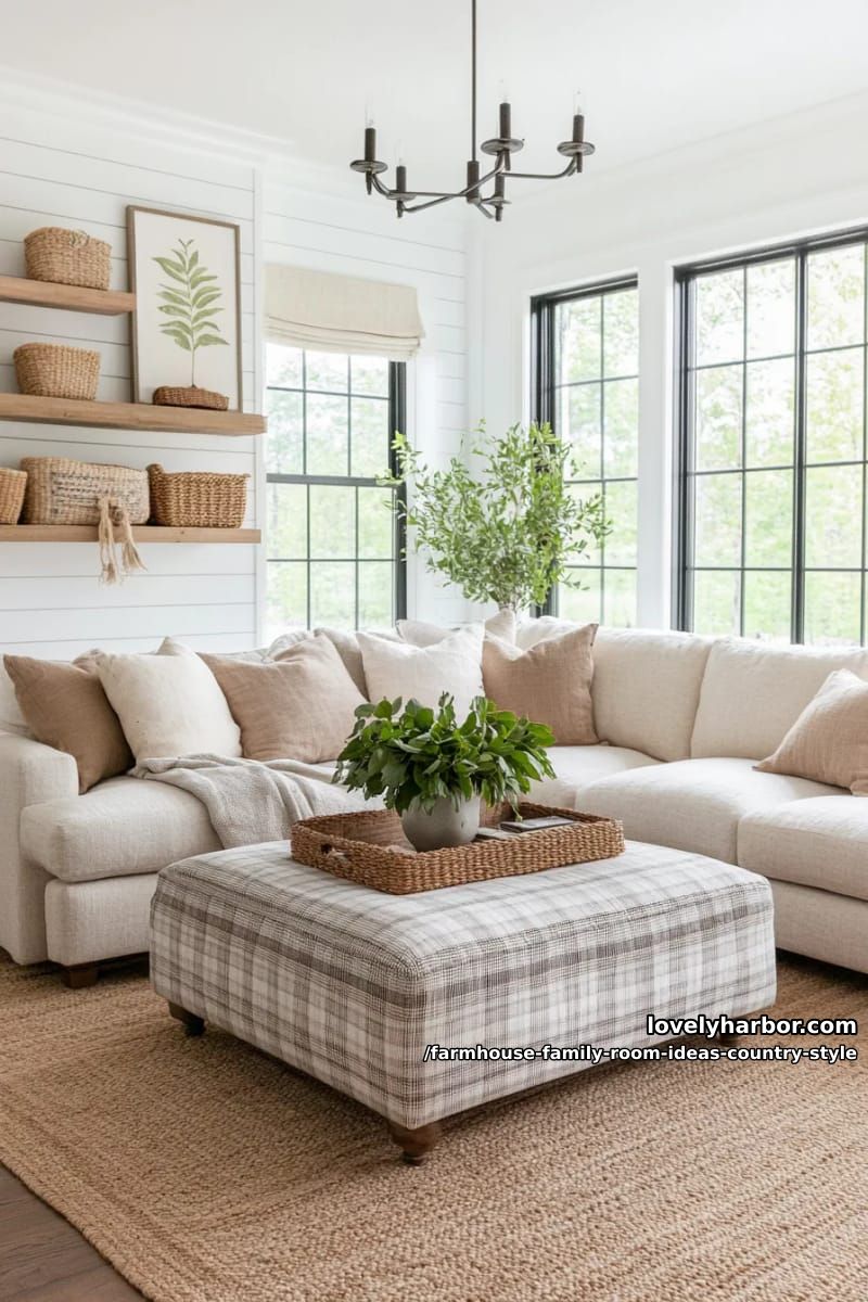 Layered jute rugs with checked ottomans and chunky knit throws for cozy warmth 1