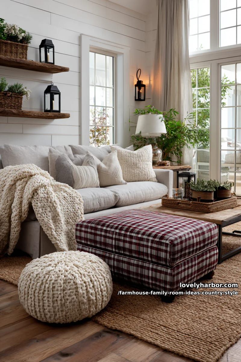 Layered jute rugs with checked ottomans and chunky knit throws for cozy warmth 1