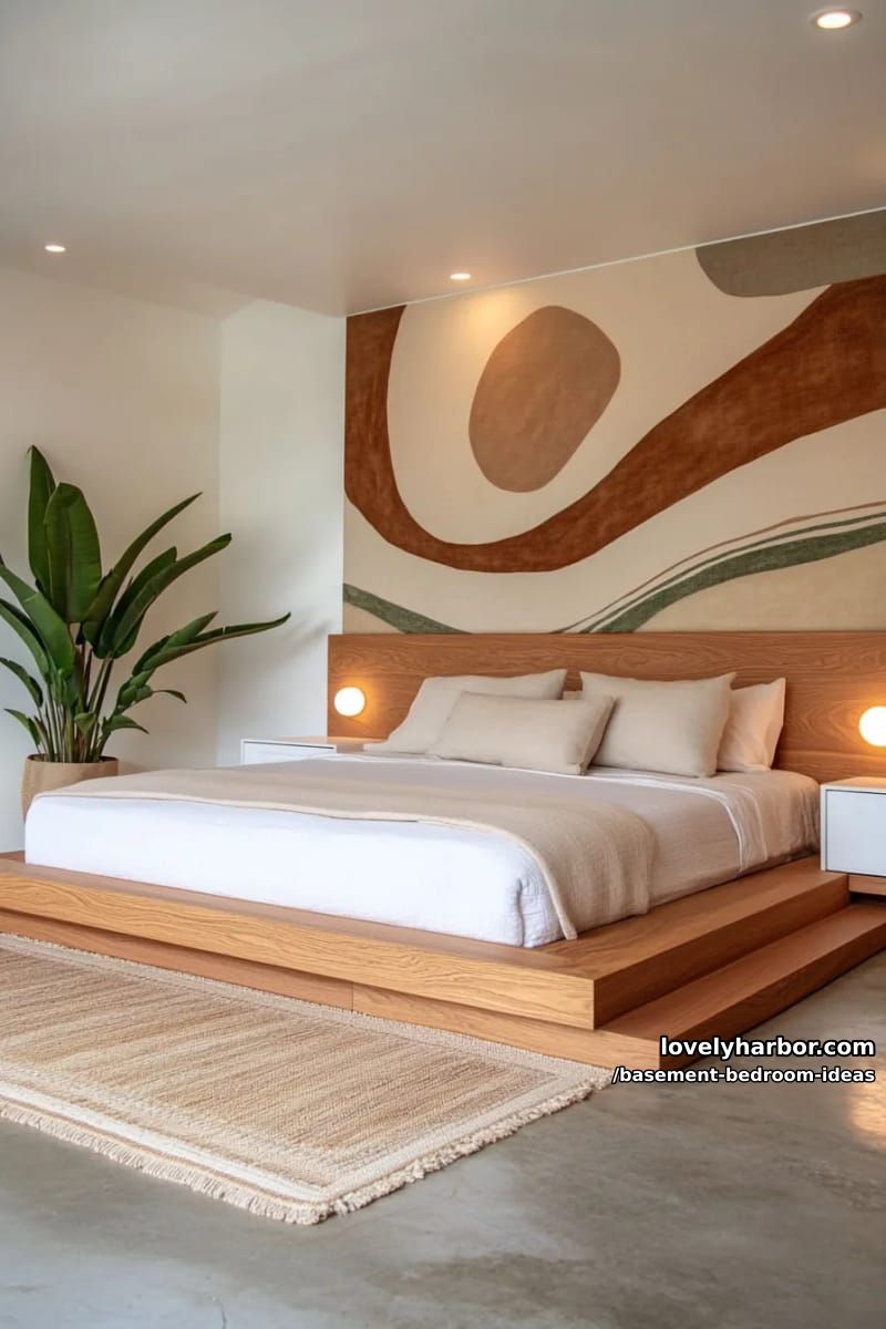 minimalist platform bed next to a large mural and elegant hidden storage 1