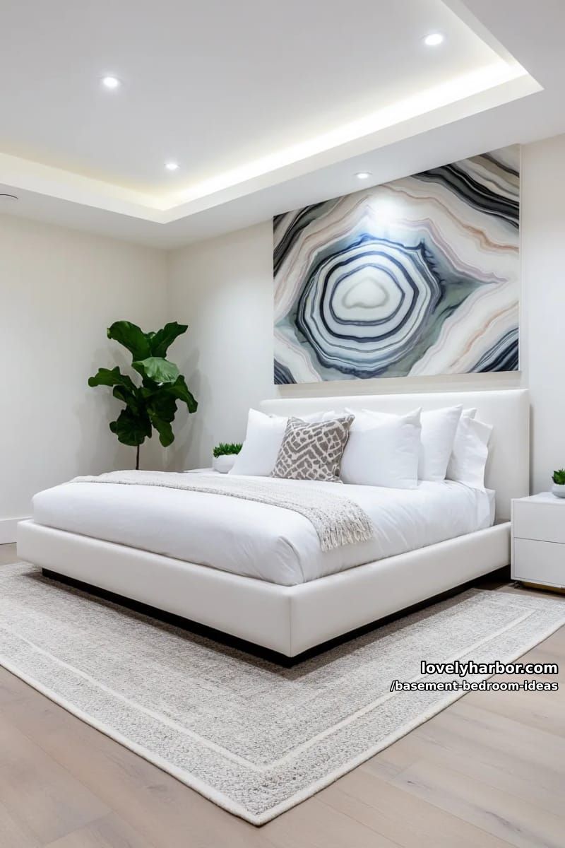 minimalist platform bed next to a large mural and elegant hidden storage 1