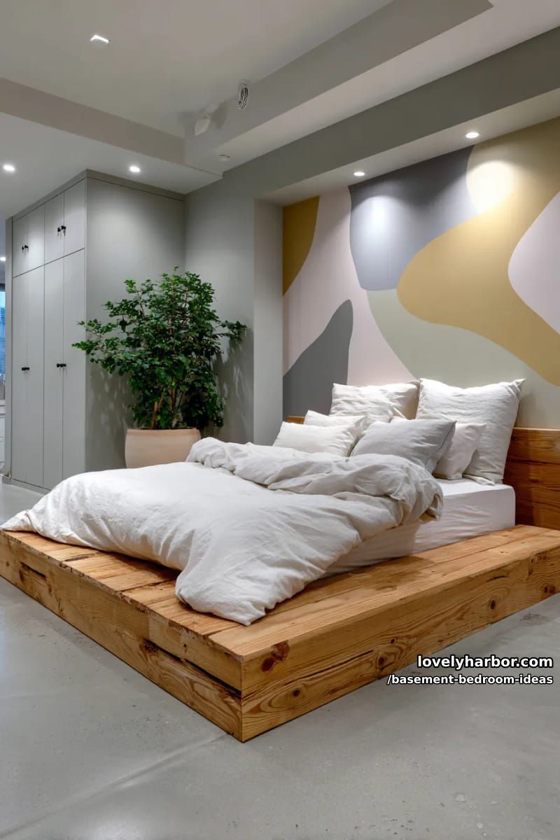 minimalist platform bed next to a large mural and elegant hidden storage 1