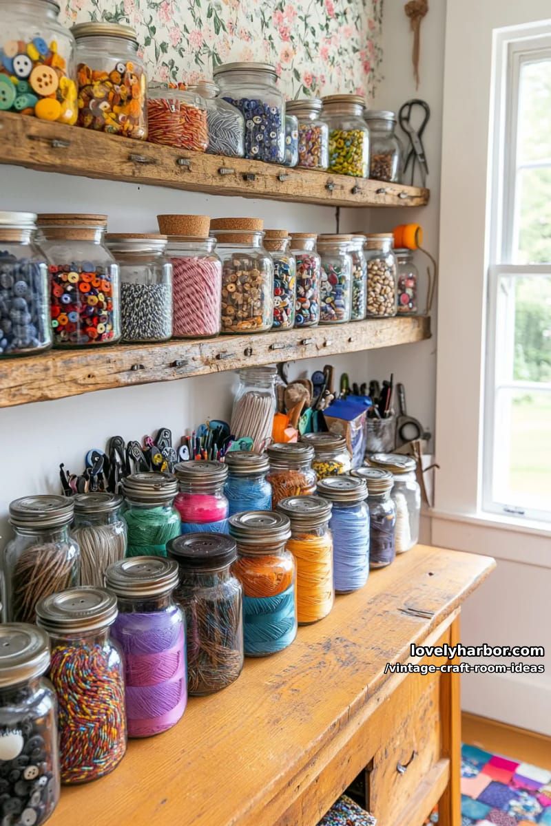 15 Vintage Craft Room Ideas for a Charming Creative Space 8 Mismatched jars on open wooden shelves for organizing craft supplies 1