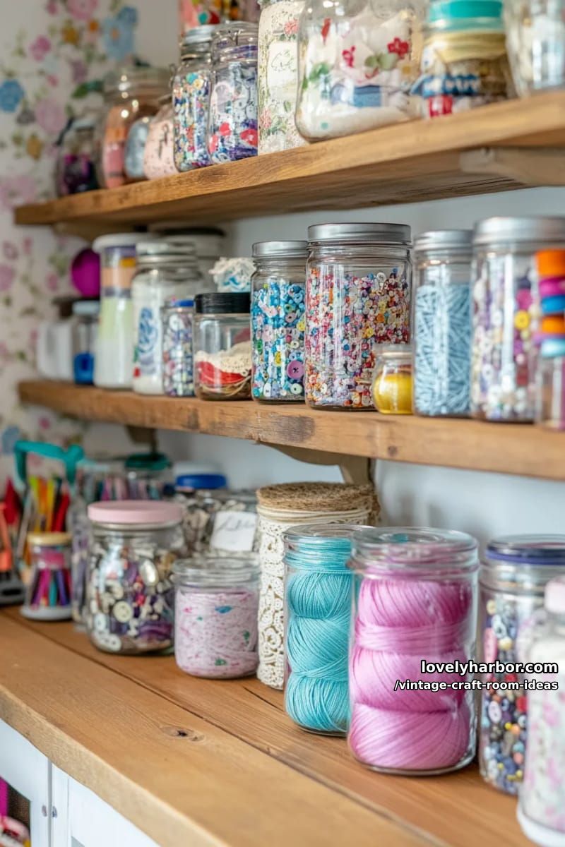 15 vintage craft room ideas for a charming creative space 9 Mismatched jars on open wooden shelves for organizing craft supplies 1